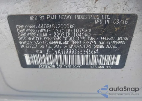 2016 Subaru Wrx из США, поврежденный, VIN JF1VA1B66G9834554